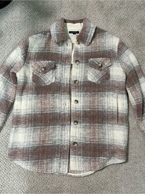 Charlie B Plaid Shacket Women M Brown Cream Gray Oversized Shirt Jacket